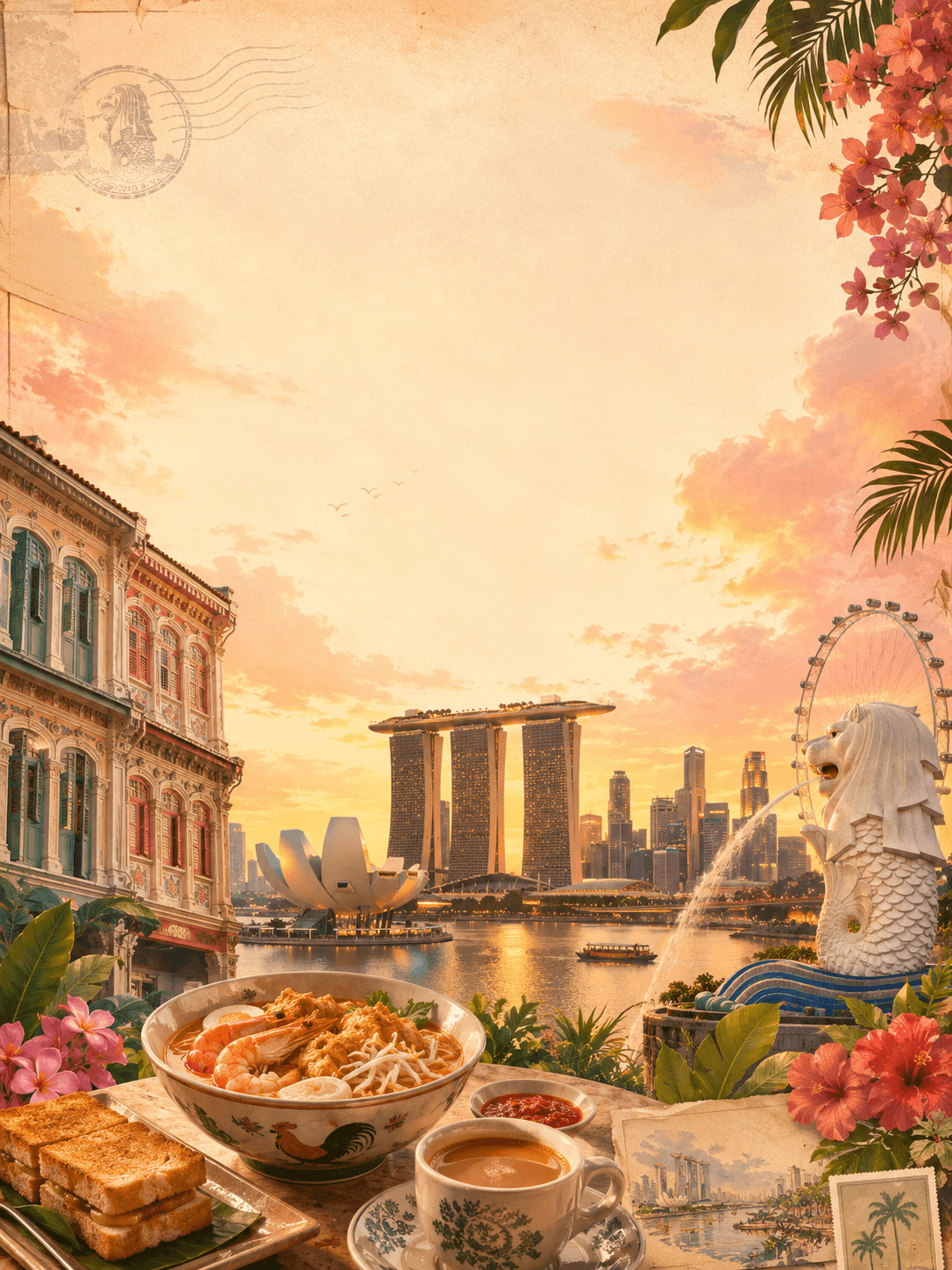 Retro Singapore postcard collage with Marina Bay, shophouses, local food, and tropical flowers